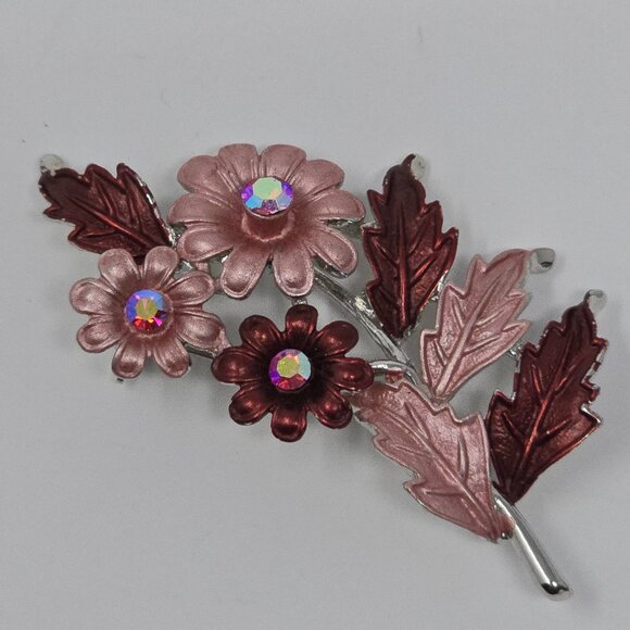 Vintage Floral Brooch Pink Burgundy Enamel AB Rhinestones Silver Tone Pin - Picture 4 of 10